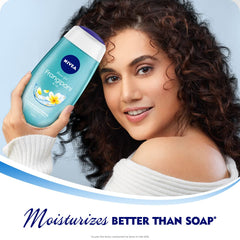 NIVEA Frangipani y Aceite, textura con perlas de cuidado para piel suave.