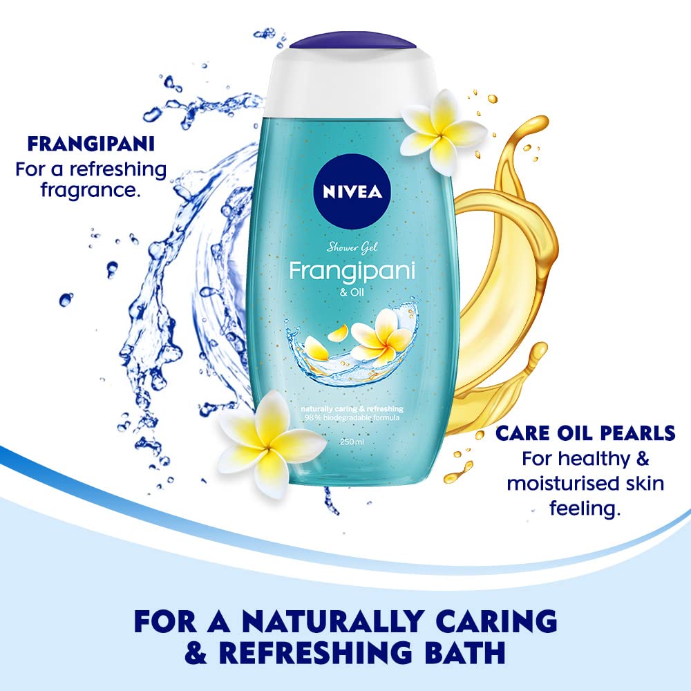 NIVEA Frangipani y Aceite vertiendo gel en la ducha para experiencia envolvente.