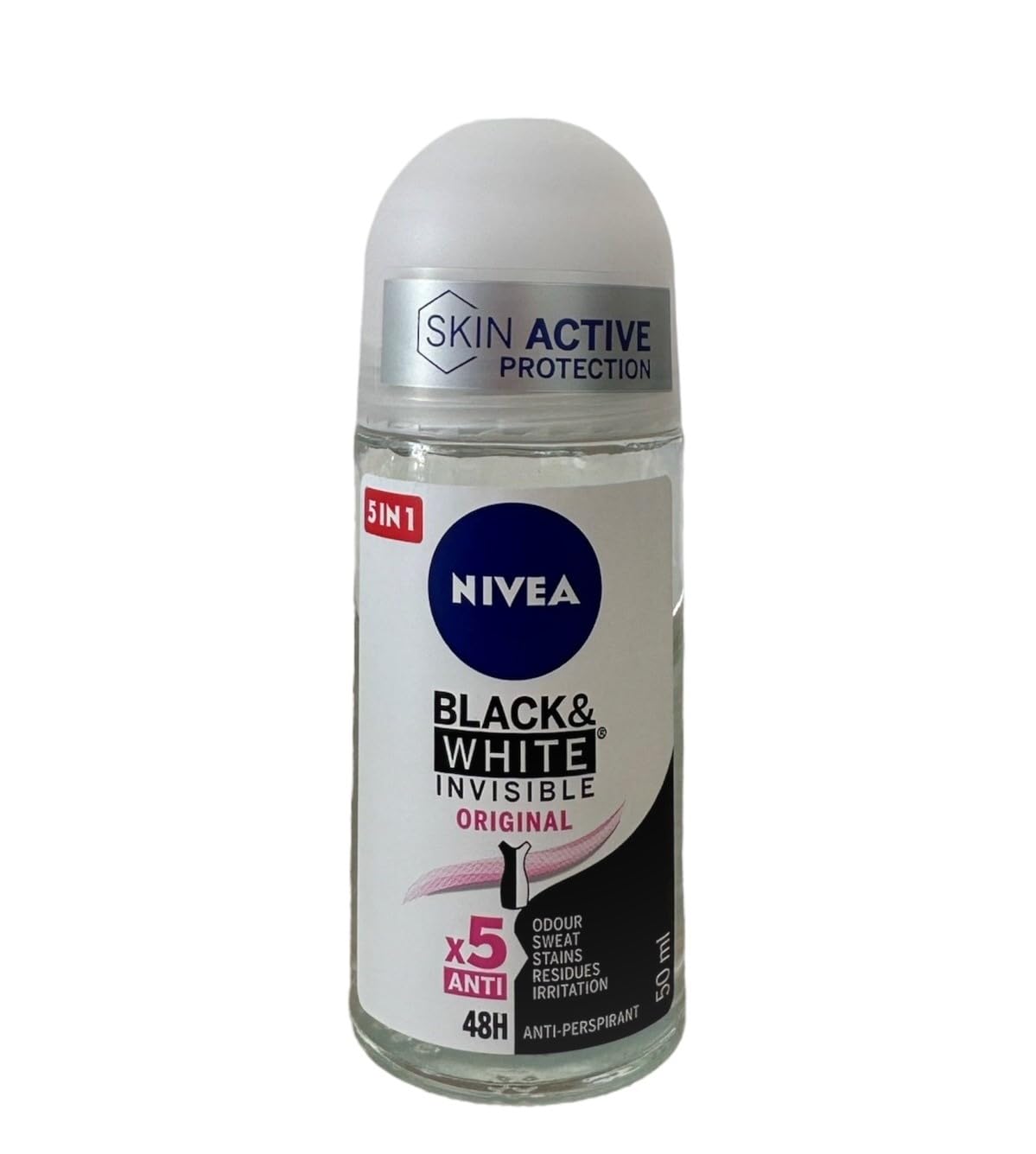 NIVEA Invisible Black and White roll-on shows no white marks on dark fabrics.
