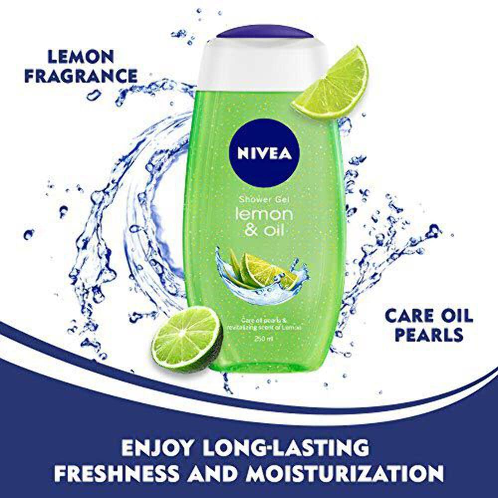 NIVEA Lemon and Oil Shower Gel foam close-up highlighting citrus aroma.