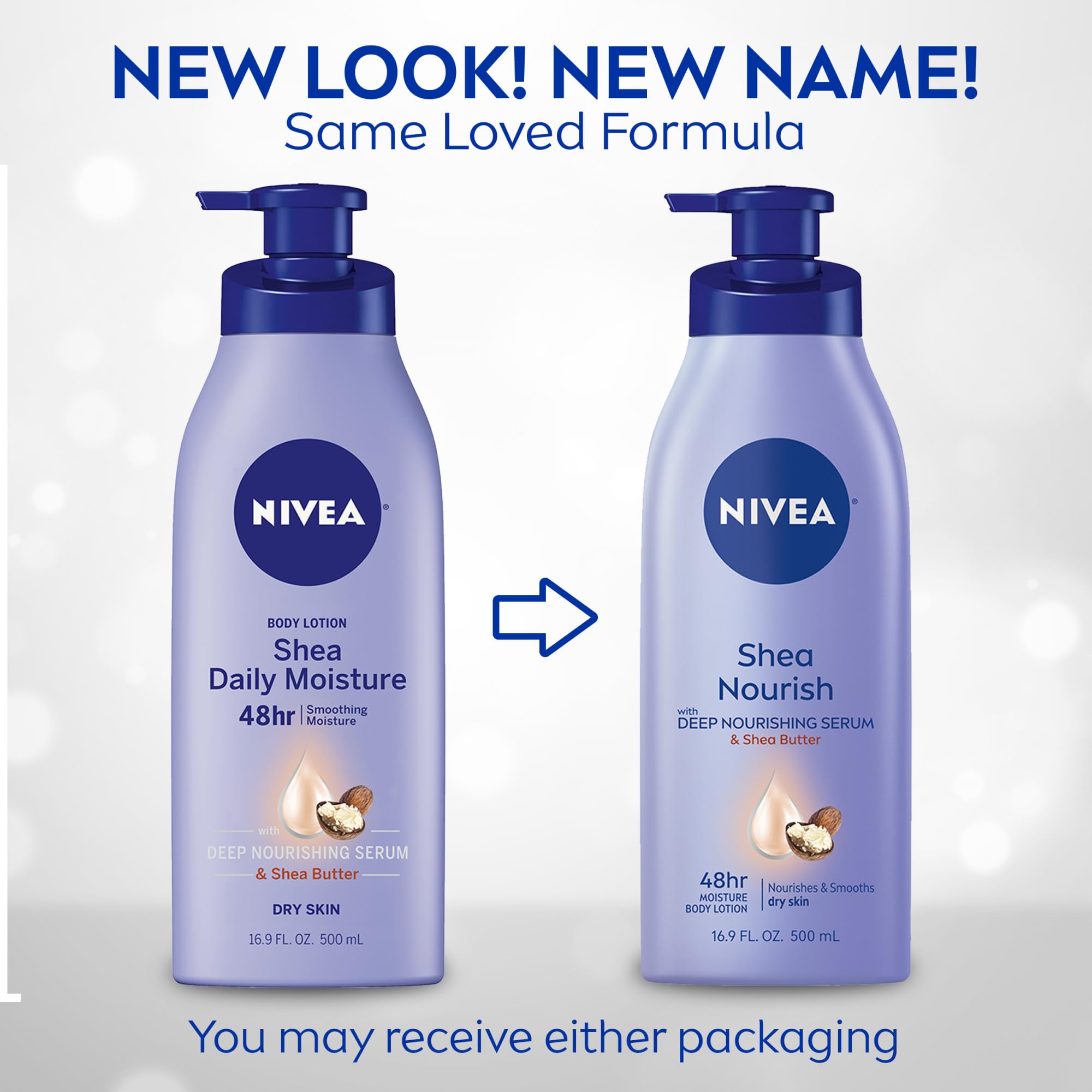 Loción corporal NIVEA con karité, textura cremosa para piel sedosa.