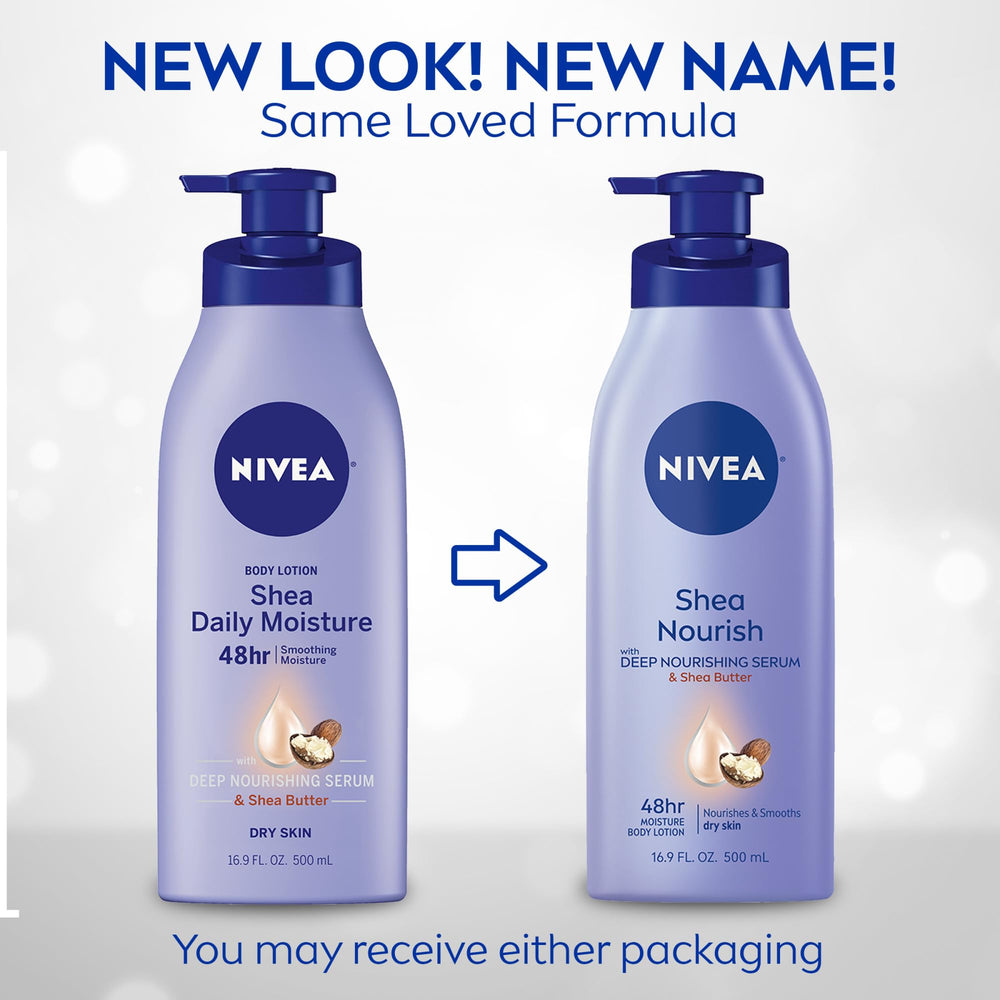 Loción corporal NIVEA con karité, textura cremosa para piel sedosa.