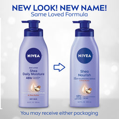 Loción corporal NIVEA con karité, textura cremosa para piel sedosa.