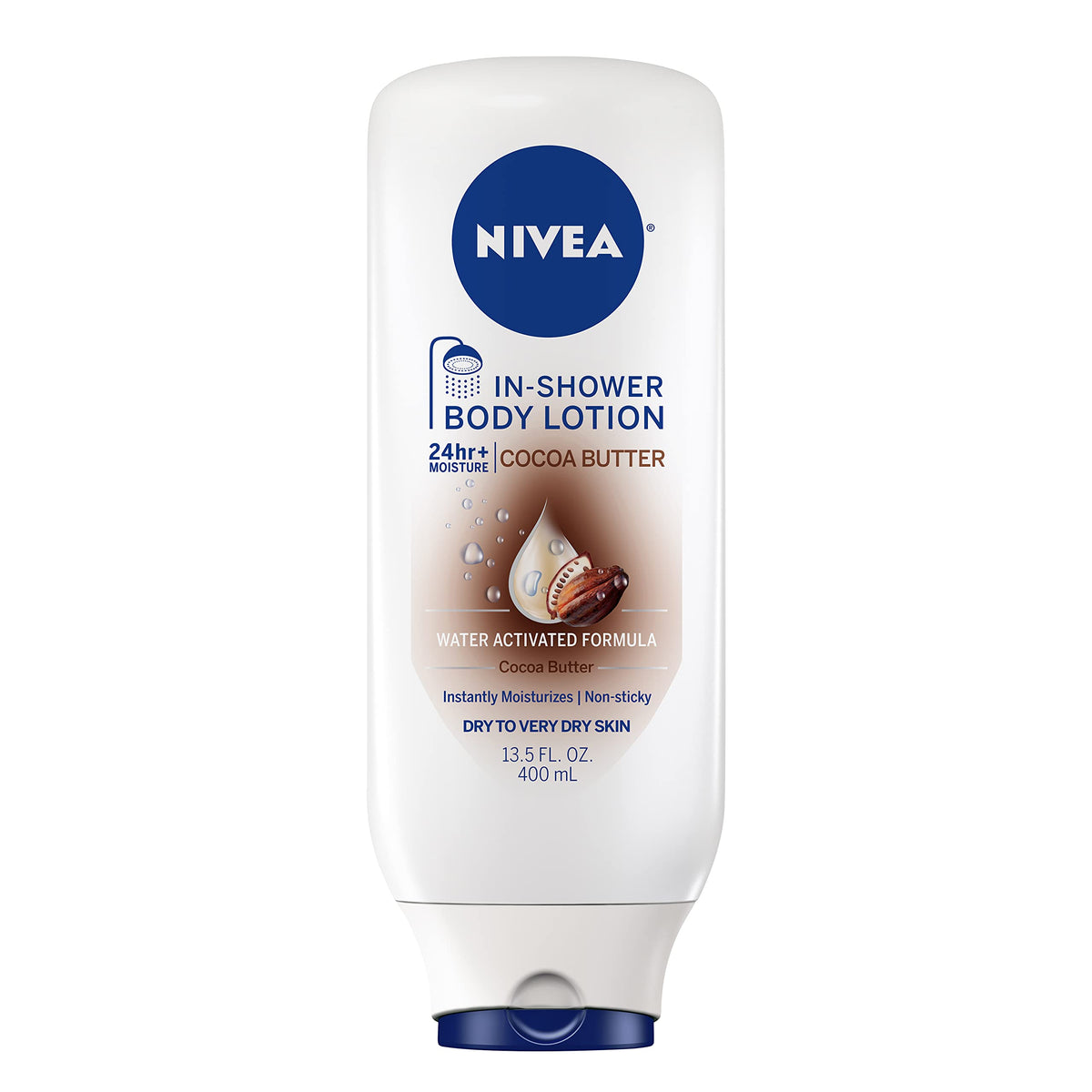 La botella de NIVEA Loción de Ducha con Manteca de Cacao ofrece hidratación instantánea.