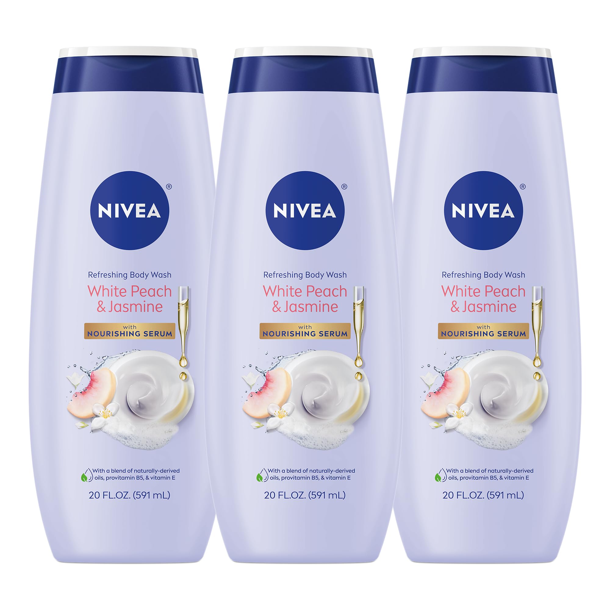 NIVEA melocotón blanco jazmín gel ducha: botella de 590 ml para uso diario.