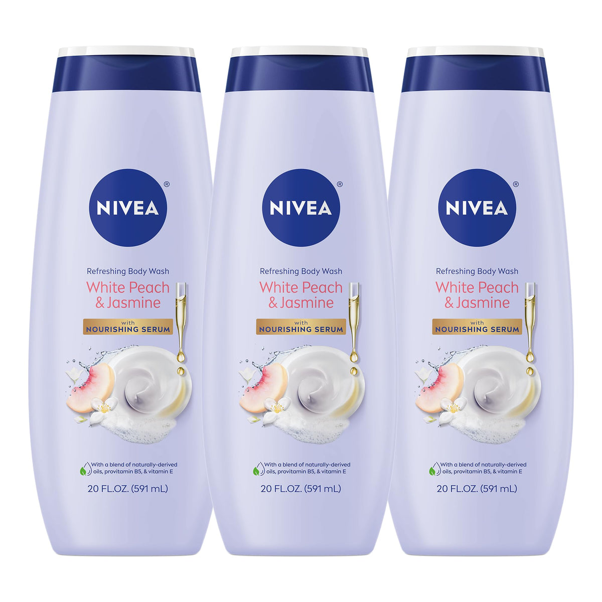 NIVEA melocotón blanco jazmín gel ducha: botella de 590 ml para uso diario.