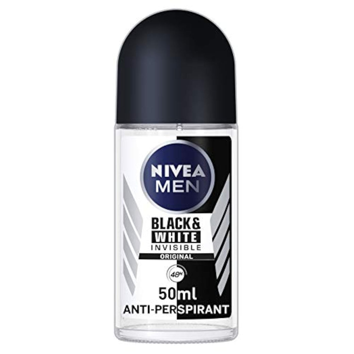 NIVEA MEN 48h Invisible Roll-On bottle shows clear formula reducing residue on fabrics