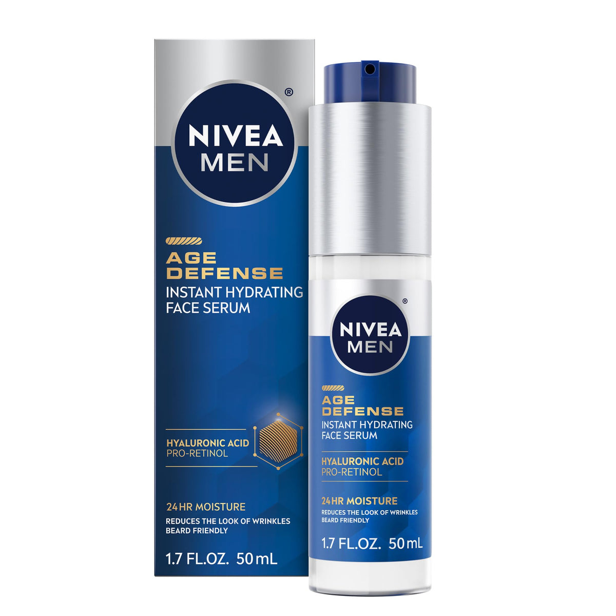NIVEA MEN Age Defense Serum, botella de 50 mL, hidratación intensa para piel seca.