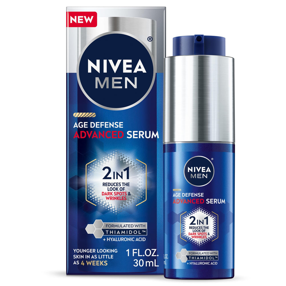 NIVEA MEN Age Defense Serum: botella visible con hidratación diaria.