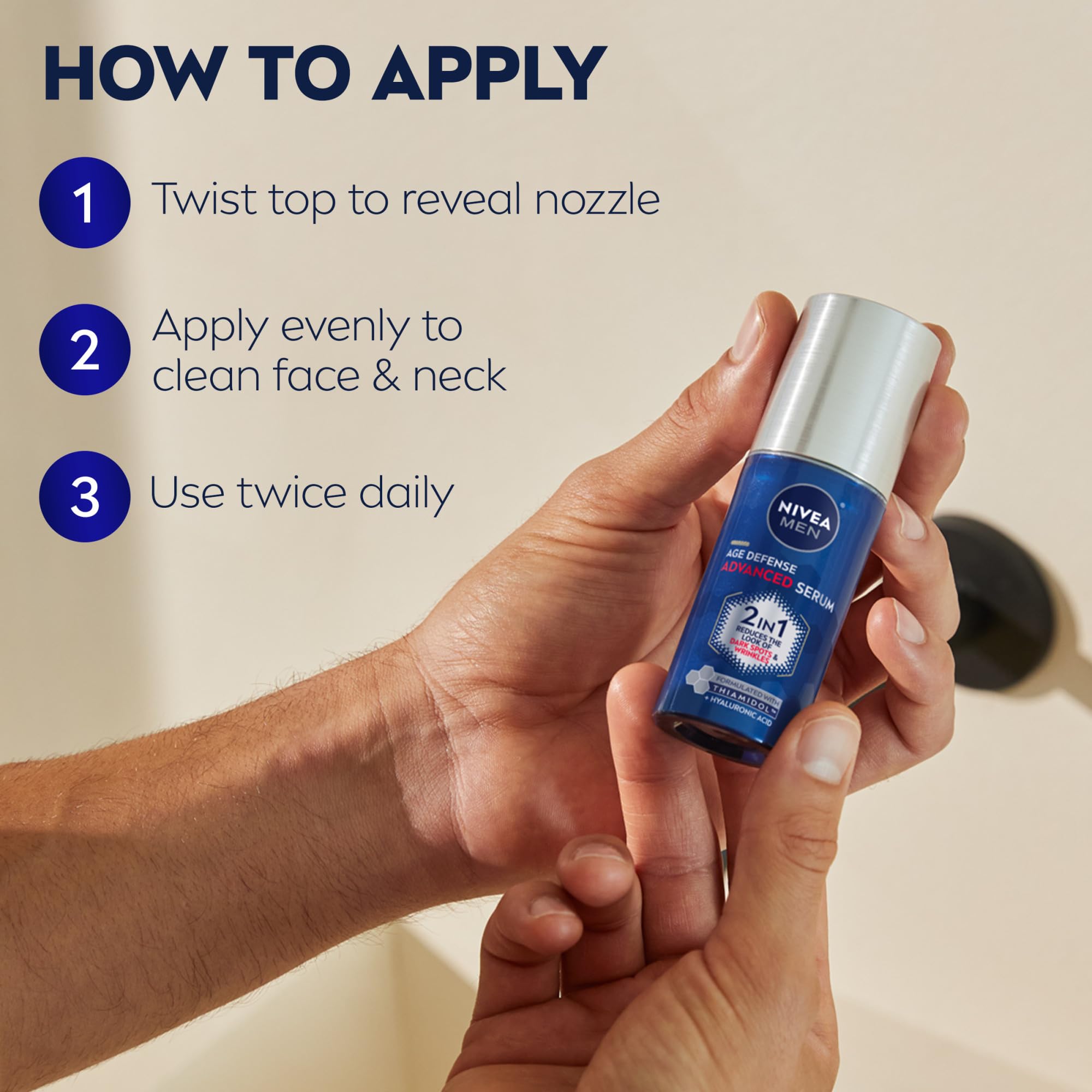 NIVEA MEN Age Defense Serum: empaque y caja, presentación para rutina diaria.