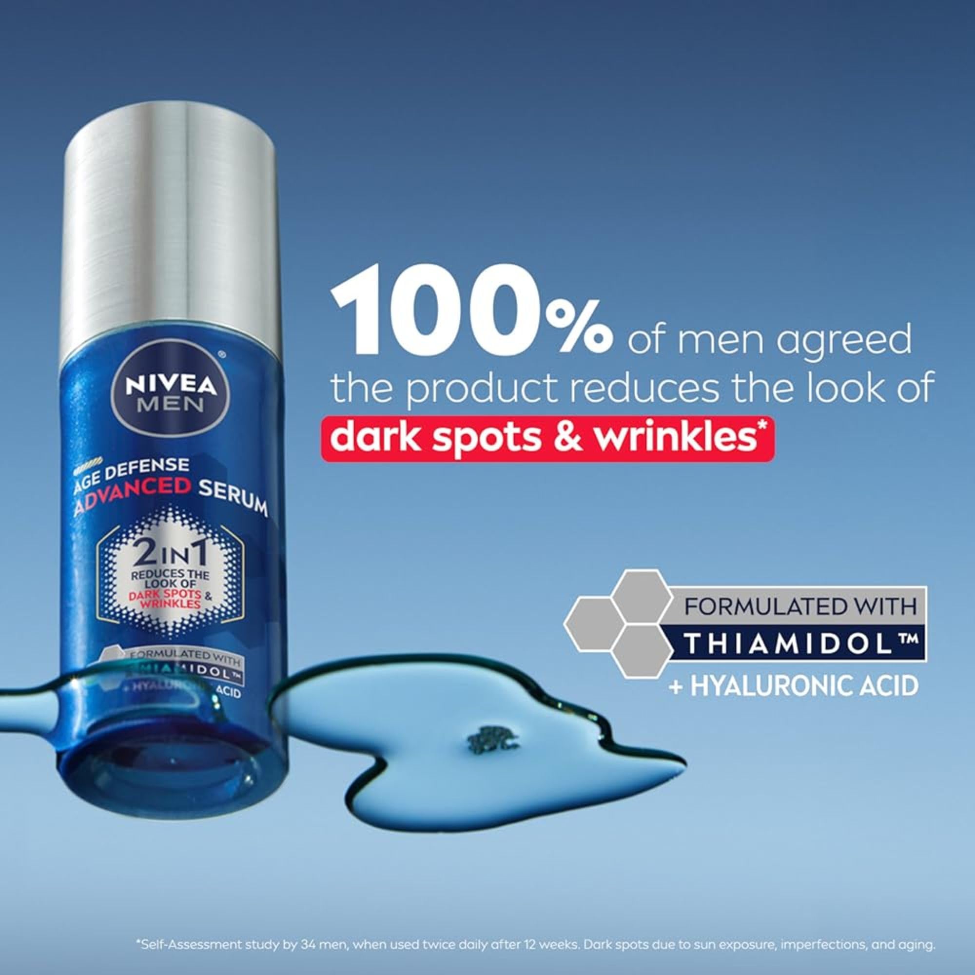 NIVEA MEN Age Defense Serum: etiqueta Thiamidol destacada para corrección de manchas.
