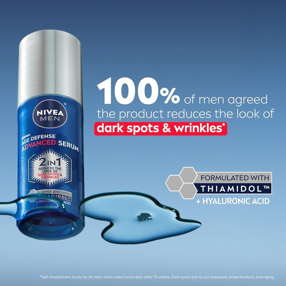 NIVEA MEN Age Defense Serum: etiqueta Thiamidol destacada para corrección de manchas.