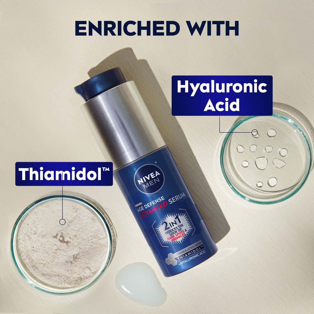 NIVEA MEN Age Defense Serum: gota en palma, absorción rápida.