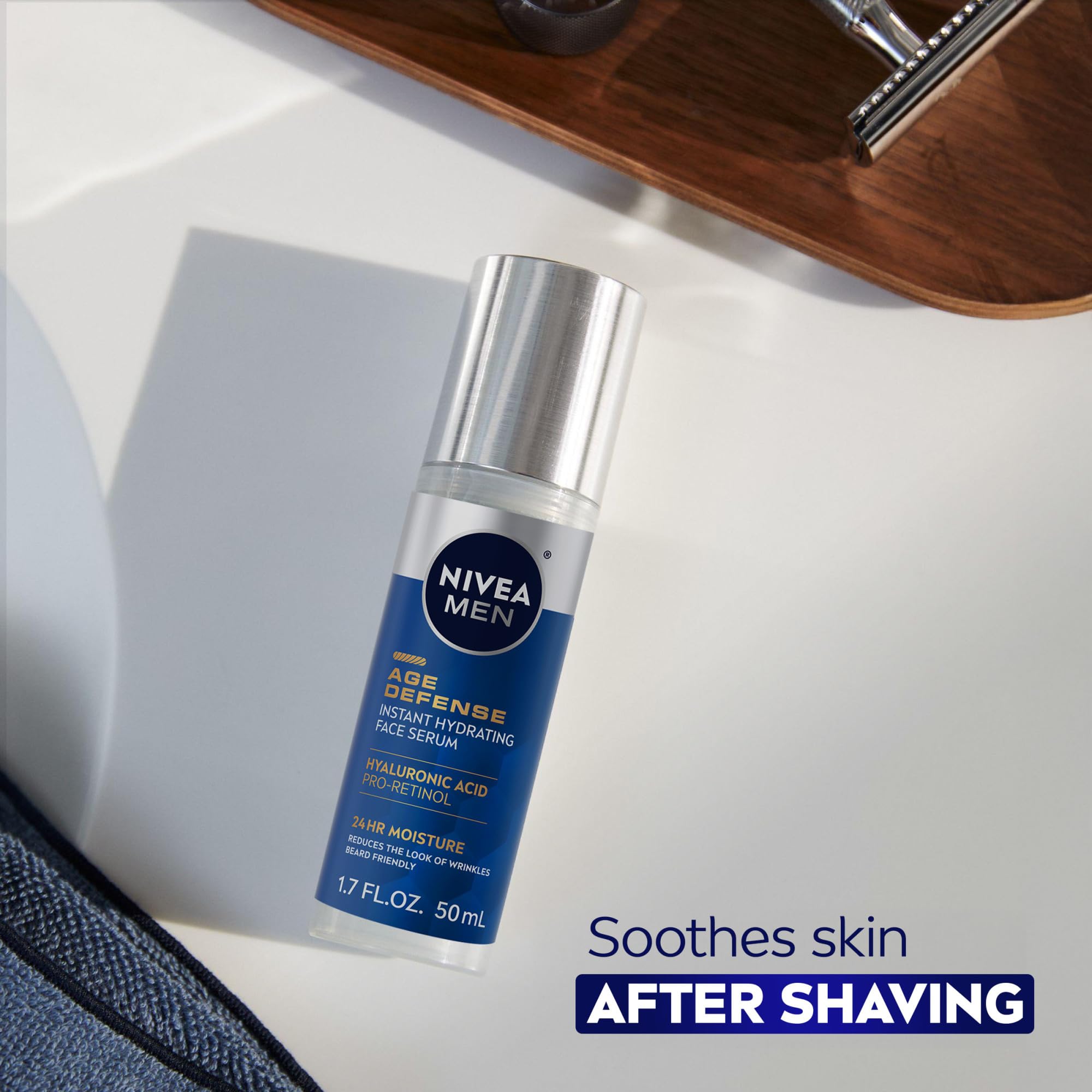NIVEA MEN Age Defense Serum hidrata 24h con ácido hialurónico.