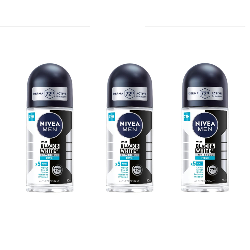 NIVEA Men Black & White Invisible Fresh Roll-On for all-day protection, alcohol-free and skin-friendly.