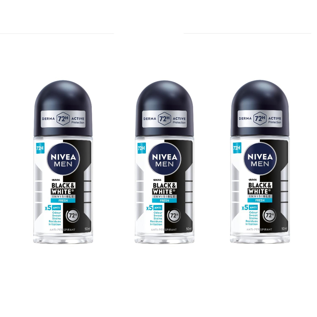 NIVEA Men Black & White Invisible Fresh Roll-On for all-day protection, alcohol-free and skin-friendly.