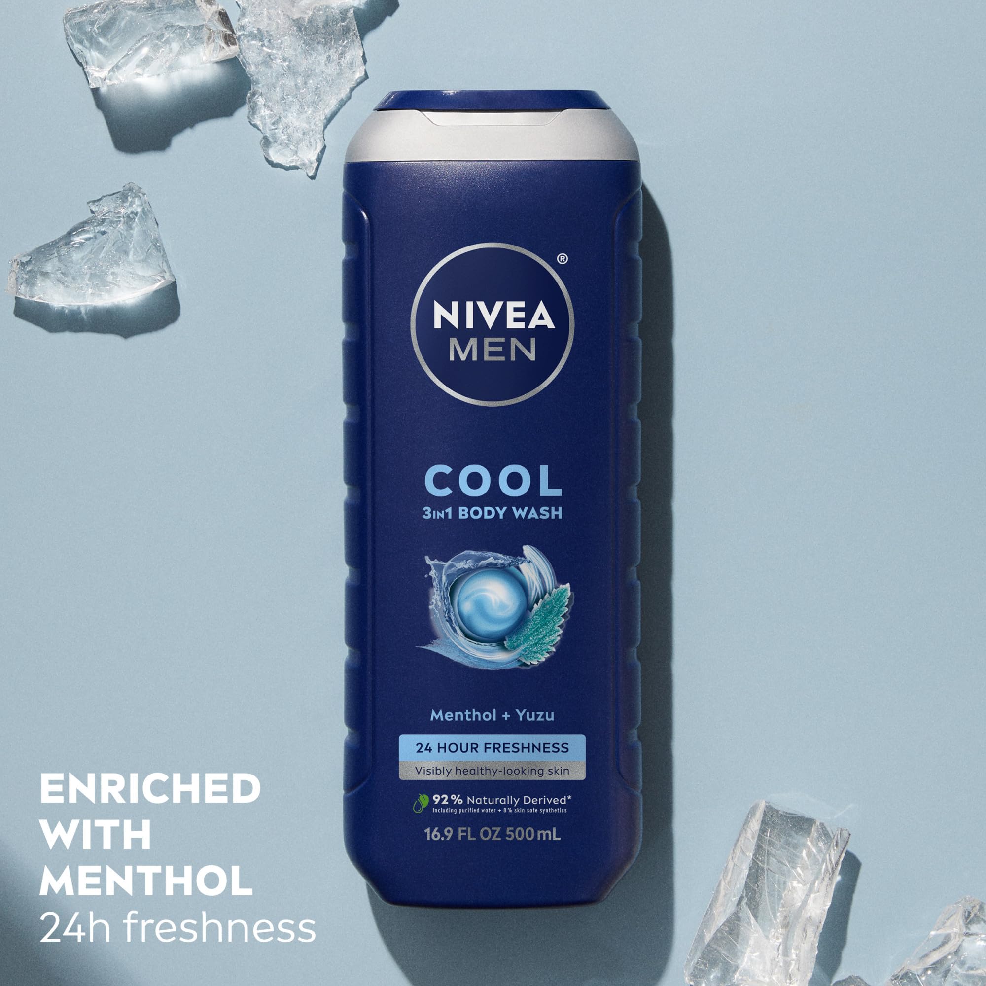 NIVEA MEN botella con plástico reciclado al 96 por ciento para una ducha sostenible.