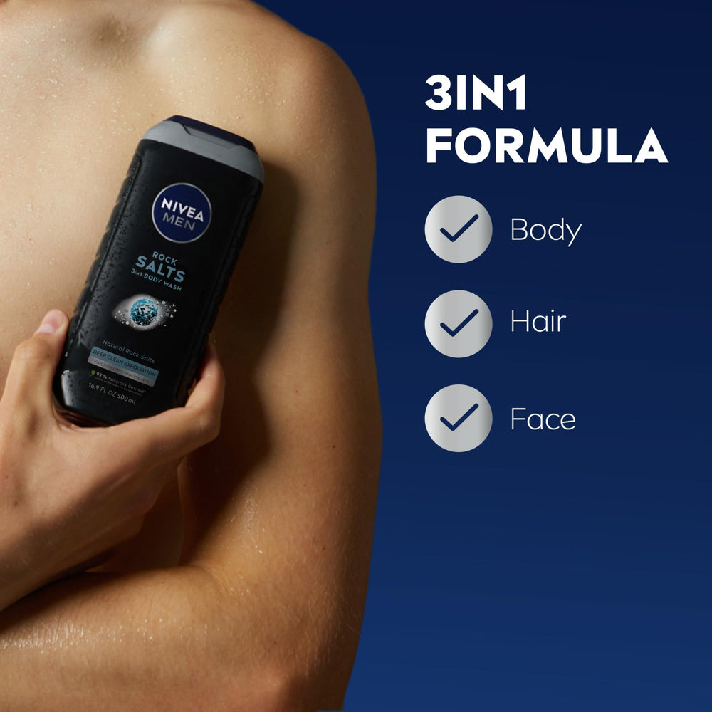 Pouring NIVEA MEN Deep Clean Rock Salts with exfoliating particles visible.