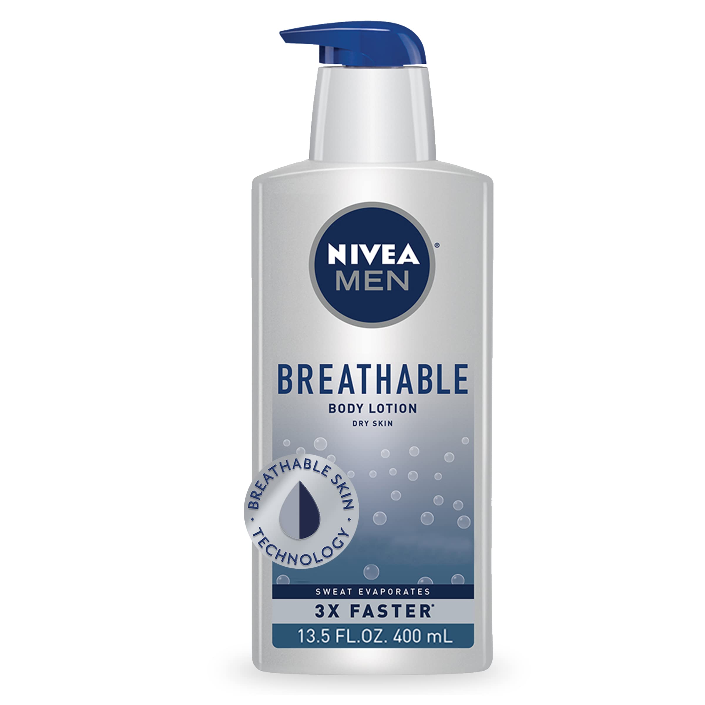 Loción corporal transpirable de NIVEA MEN frente al envase, hidratación duradera para uso diario.