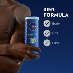 NIVEA MEN Máxima Hidratación Tres-en-Uno: uso en cuerpo, rostro y cabello