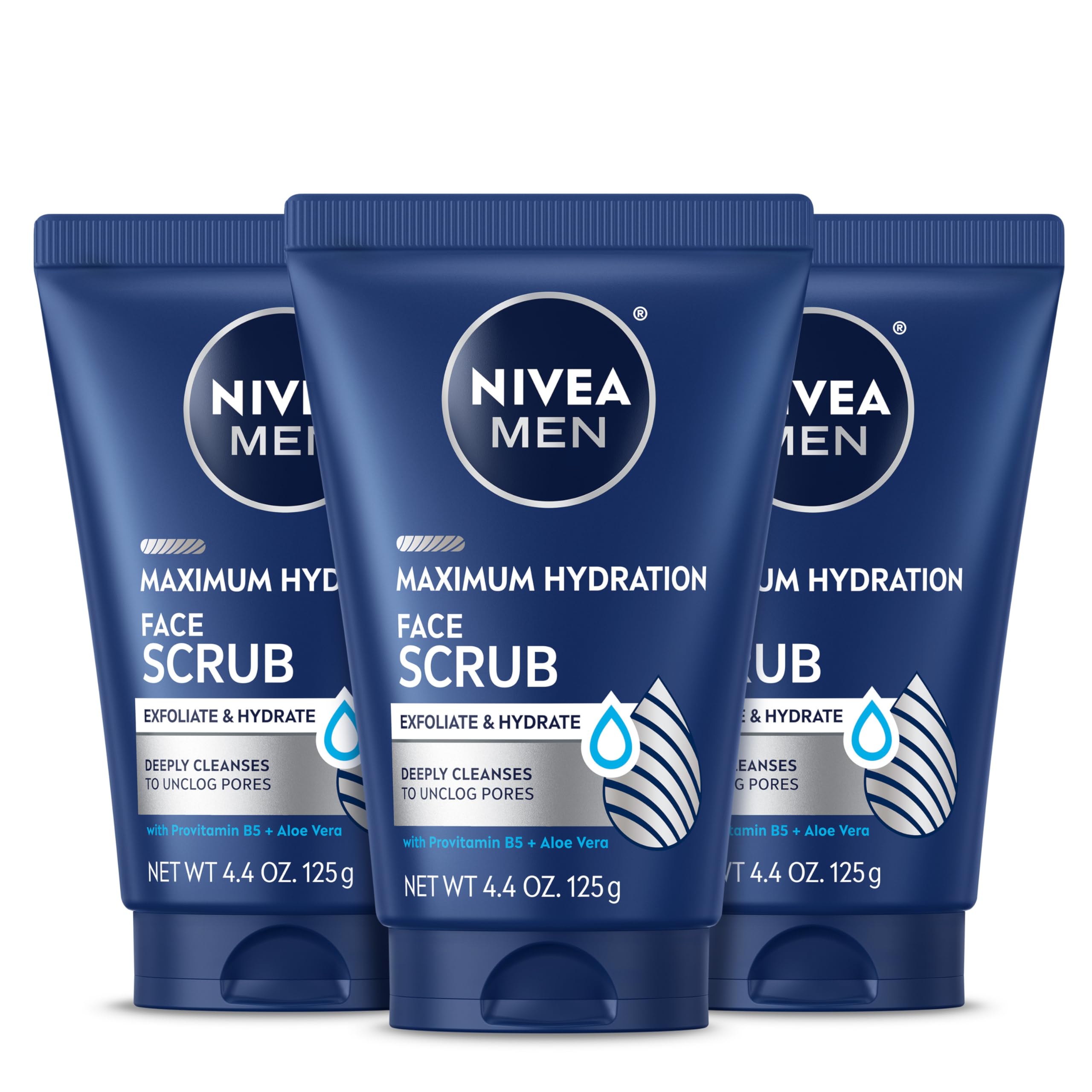 NIVEA MEN Maximum Hydration Scrub tubes shown in a three-pack, convenient for routine use.