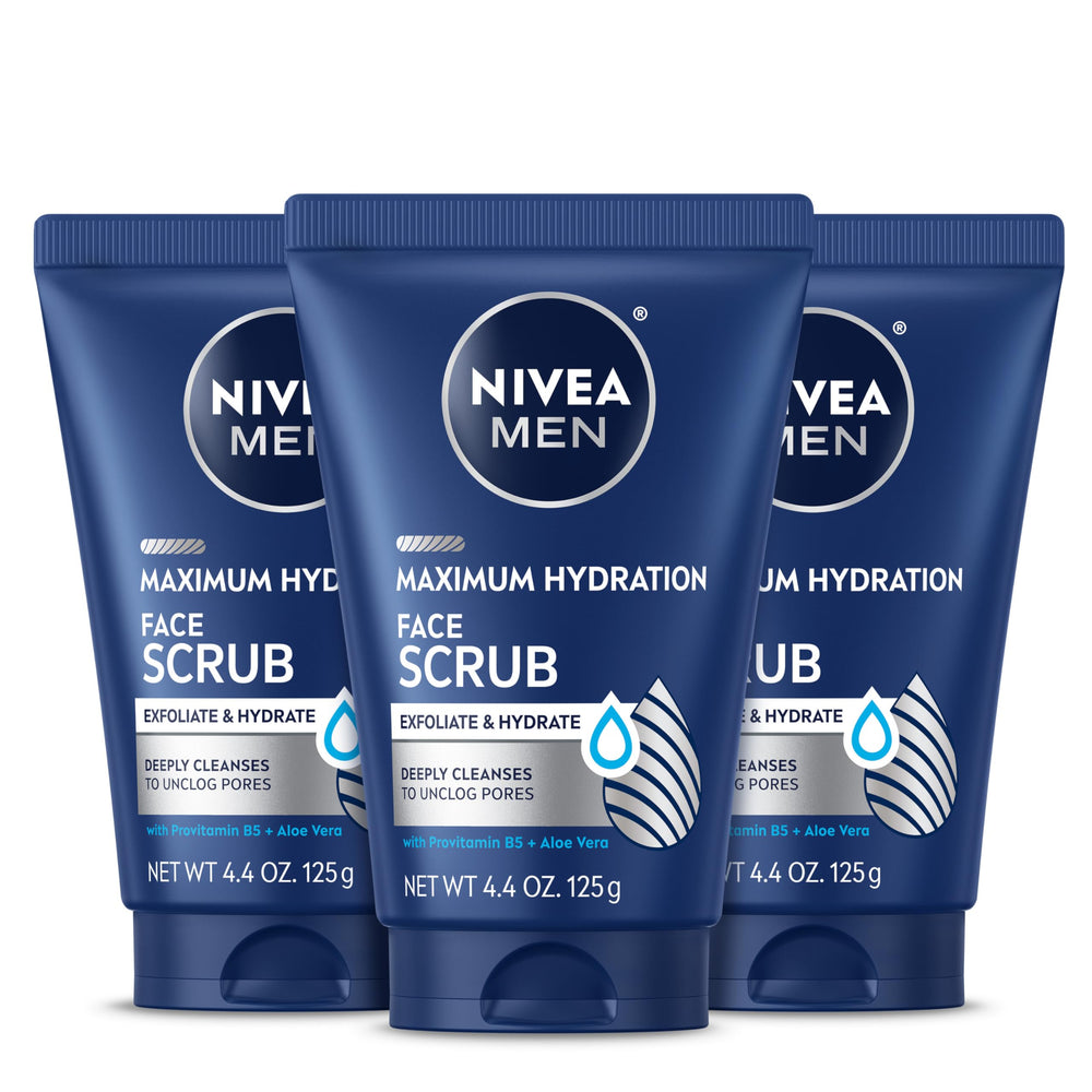NIVEA MEN Maximum Hydration Scrub tubes shown in a three-pack, convenient for routine use.
