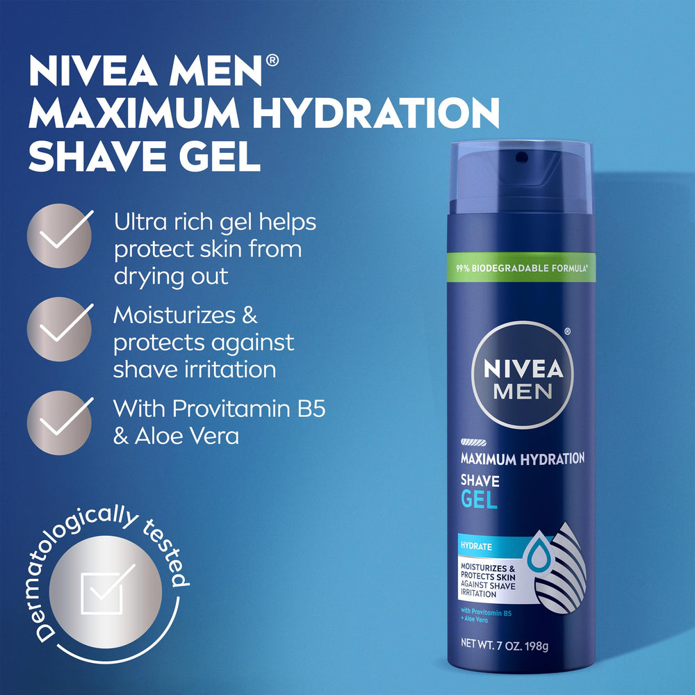 NIVEA MEN Maximum Hydration Shave Gel Aloe Vera formula ready to hydrate skin.