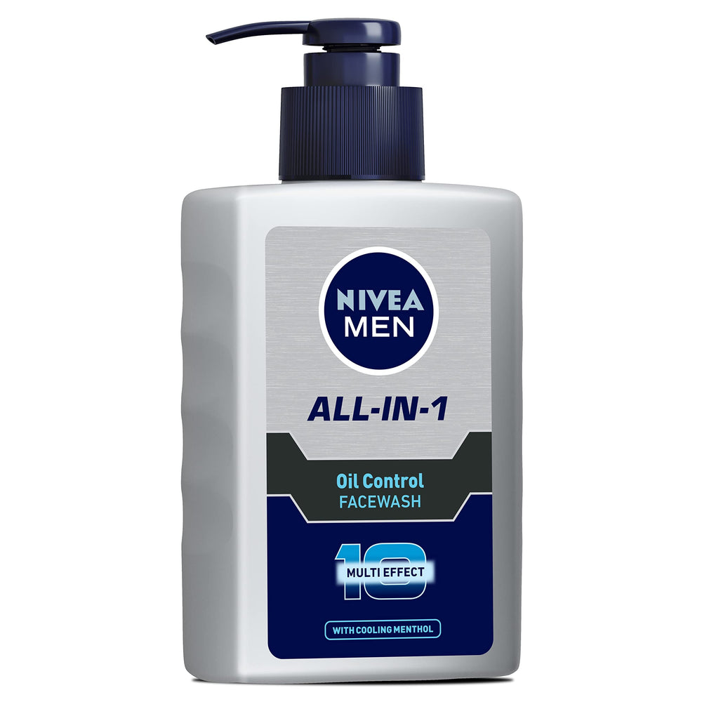 NIVEA Men oil-control face wash pump close-up highlighting convenient packaging.