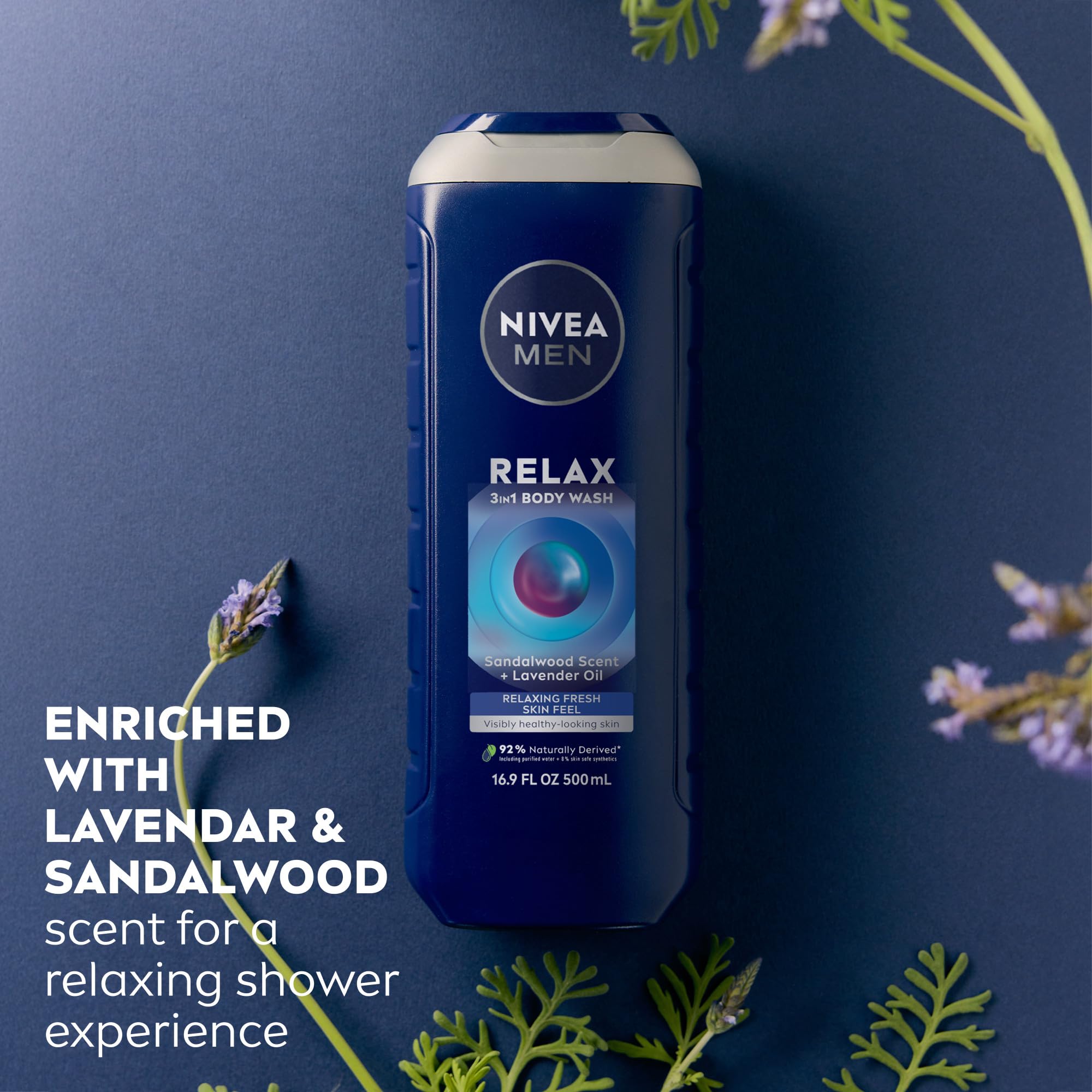 NIVEA MEN Relax 3-in-1 bottle ready for face, body, and hair cleansing