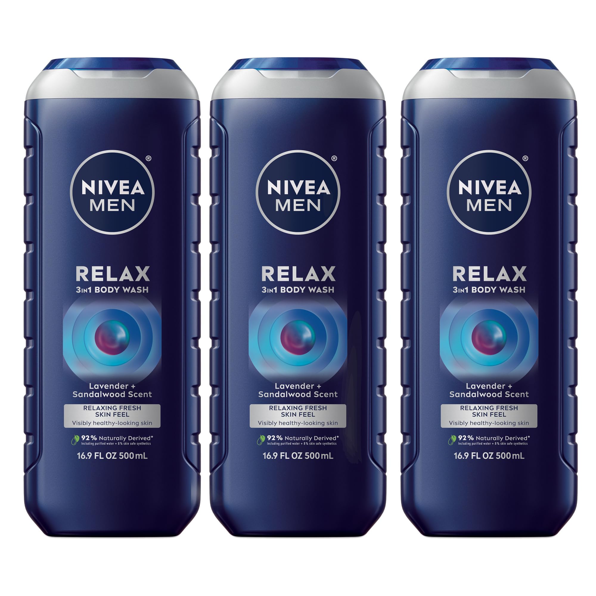 NIVEA MEN Relax bottle with lavender-sandalwood scent for a calming shower