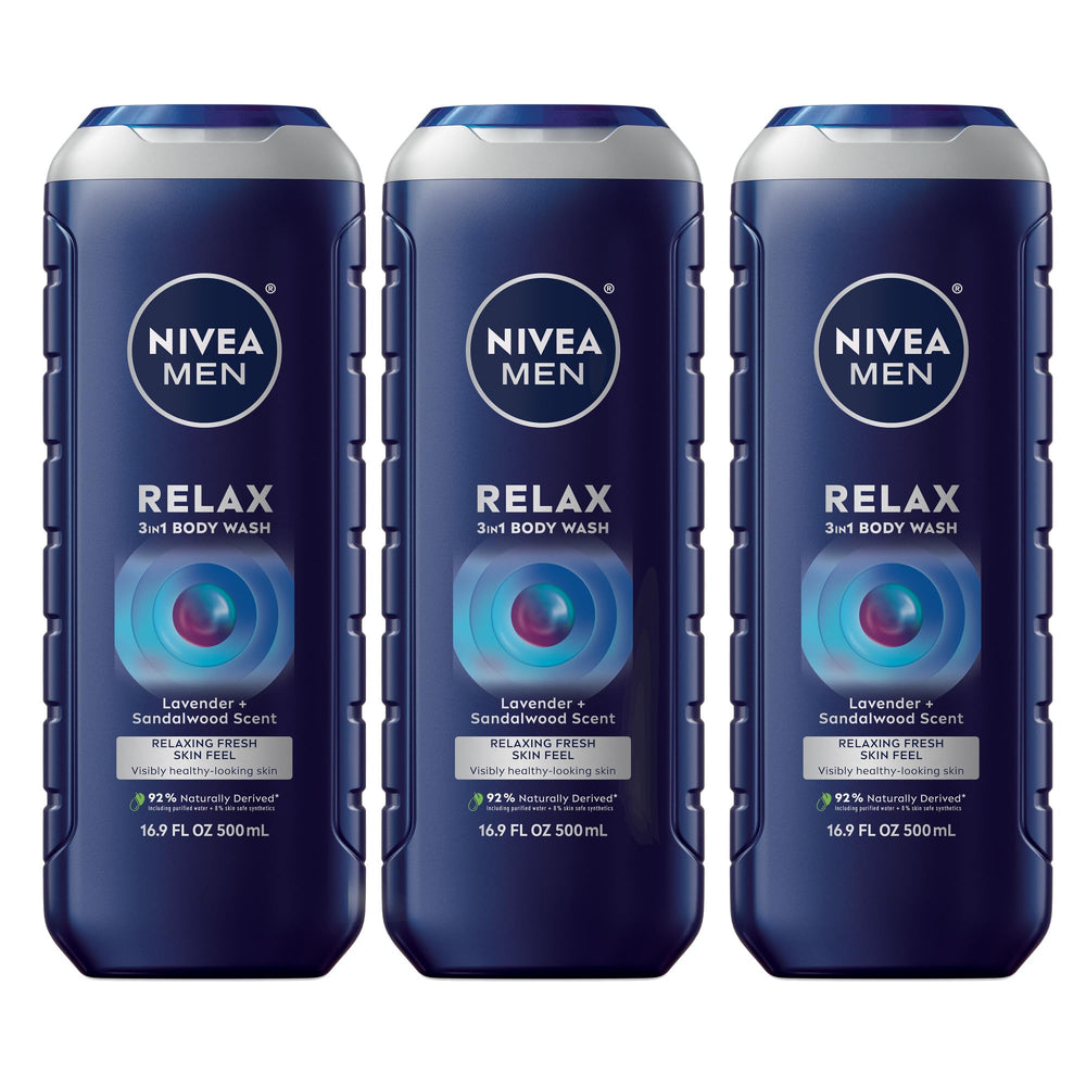 NIVEA MEN Relax bottle with lavender-sandalwood scent for a calming shower