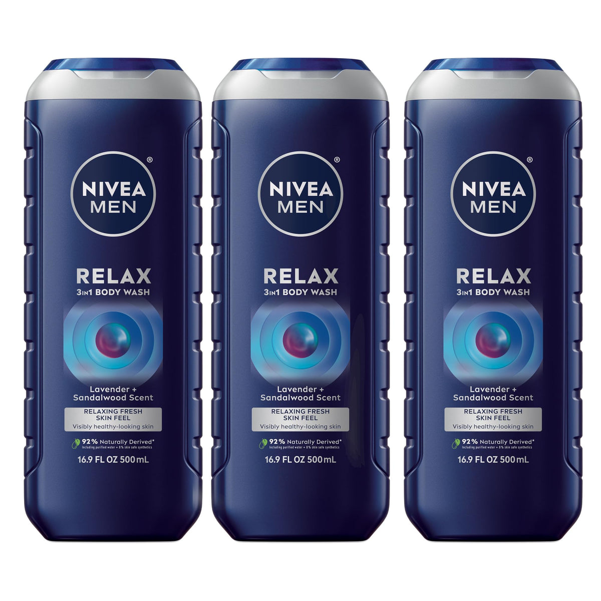 NIVEA MEN Relax bottle with lavender-sandalwood scent for a calming shower