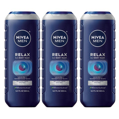 NIVEA MEN Relax bottle with lavender-sandalwood scent for a calming shower