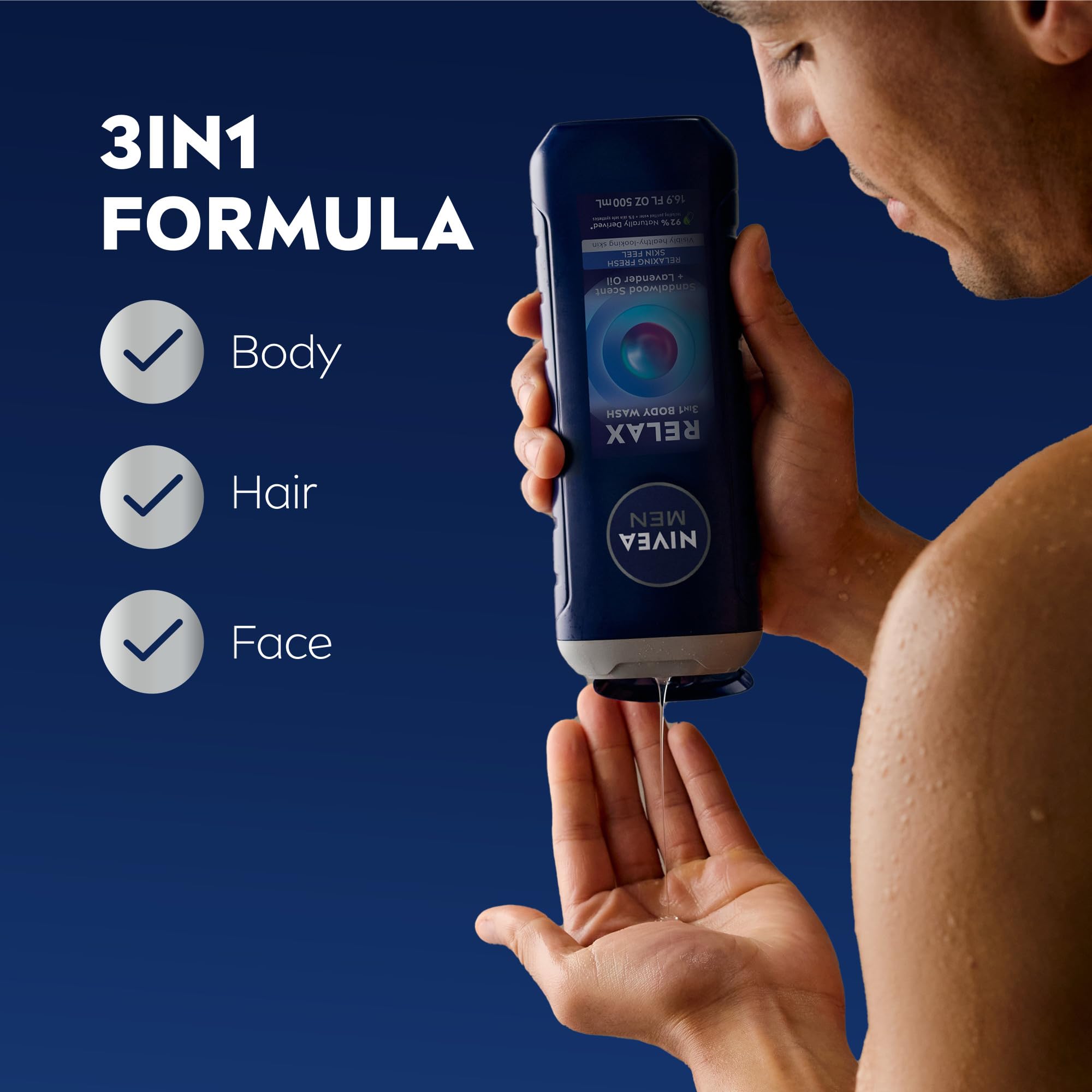 Close-up of lavender-sandalwood scent on NIVEA MEN Relax bottle for unwind