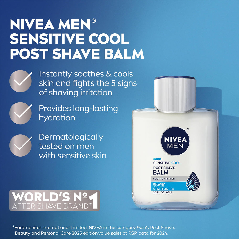 Chamomile-infused NIVEA MEN balm bottle signaling soothing post-shave comfort.