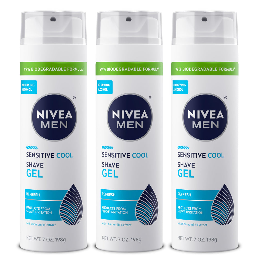 NIVEA MEN Sensitive Cool Shave Gel bottle for sensitive skin with chamomile.