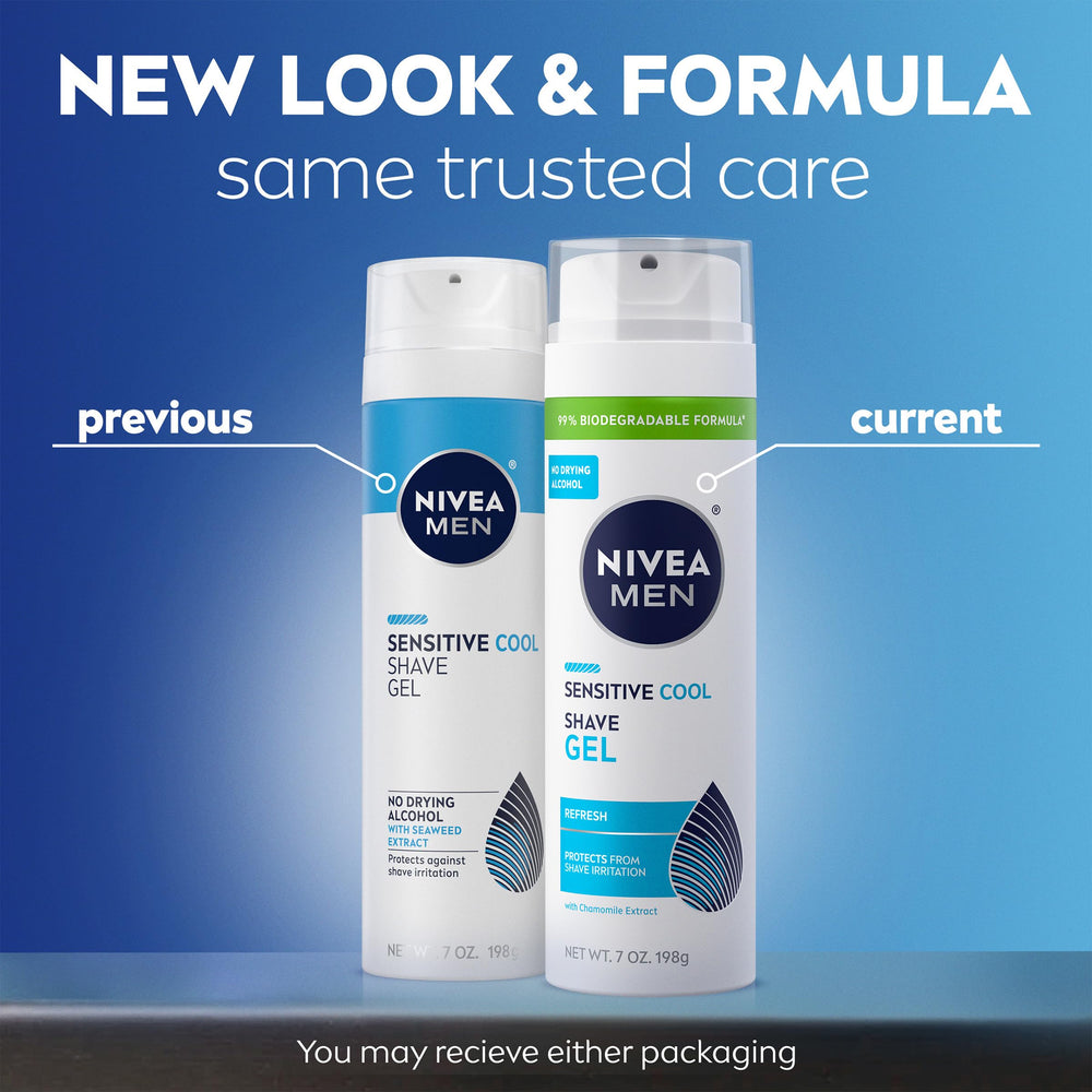 Pack of three NIVEA MEN Sensitive Cool Shave Gel cans with eco-friendly packaging.
