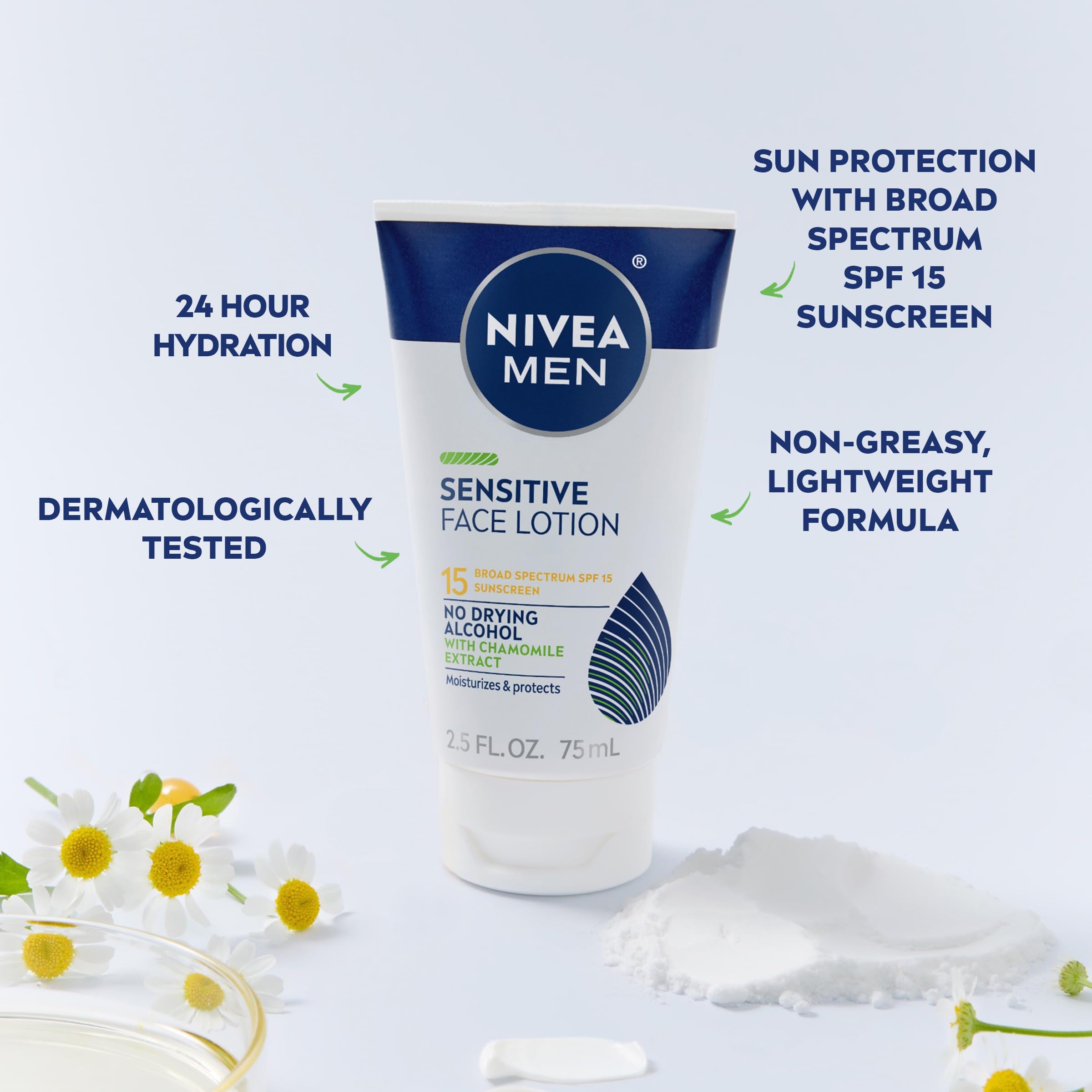 Three-pack display of NIVEA MEN Sensitive Face Lotion SPF15.