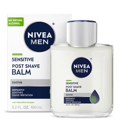 NIVEA MEN Sensitive Post Shave Balm bottle close-up highlighting VitaminPro Complex for irritation relief