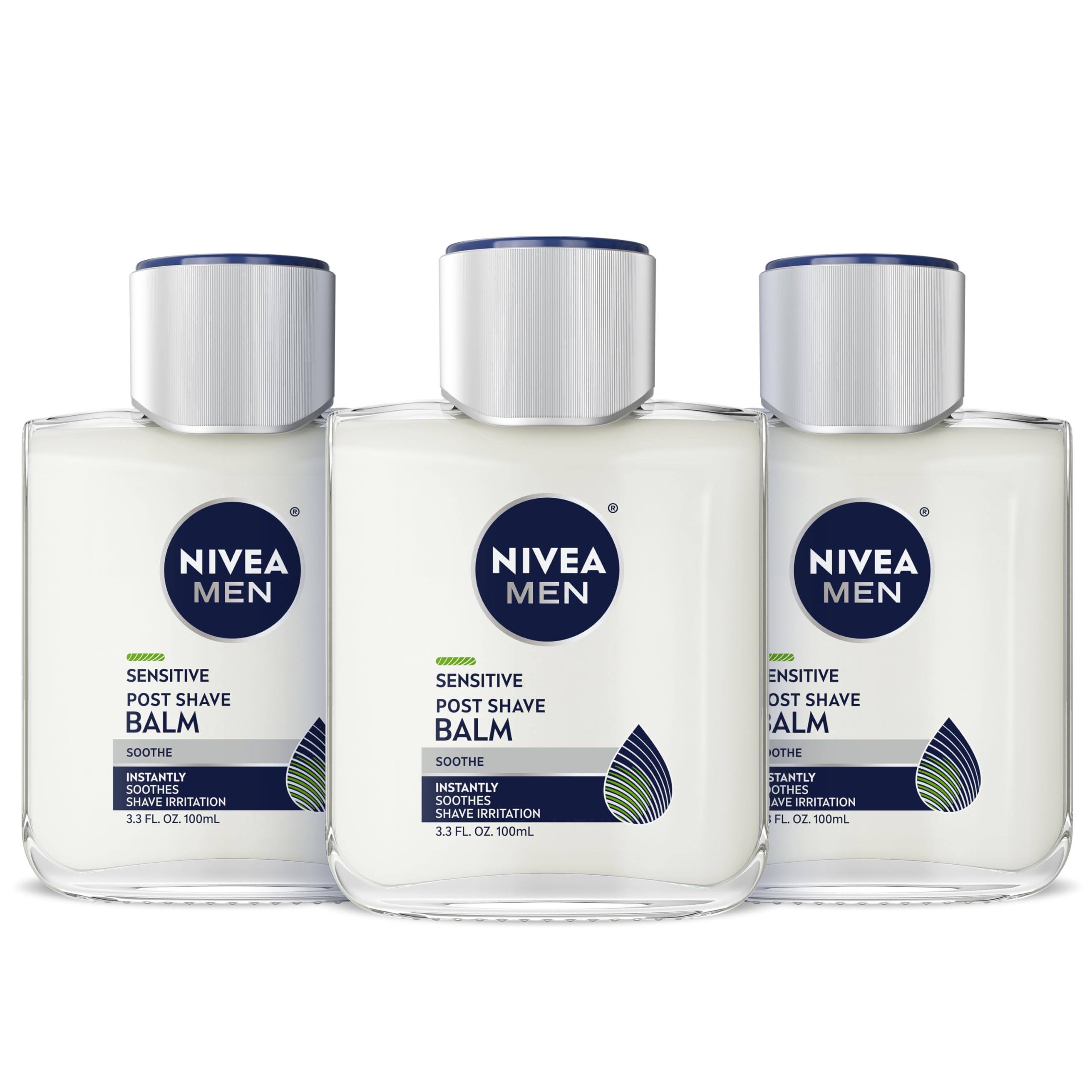 NIVEA MEN Sensitive Post Shave Balm bottle front view showing a soothing, alcohol-free formula.