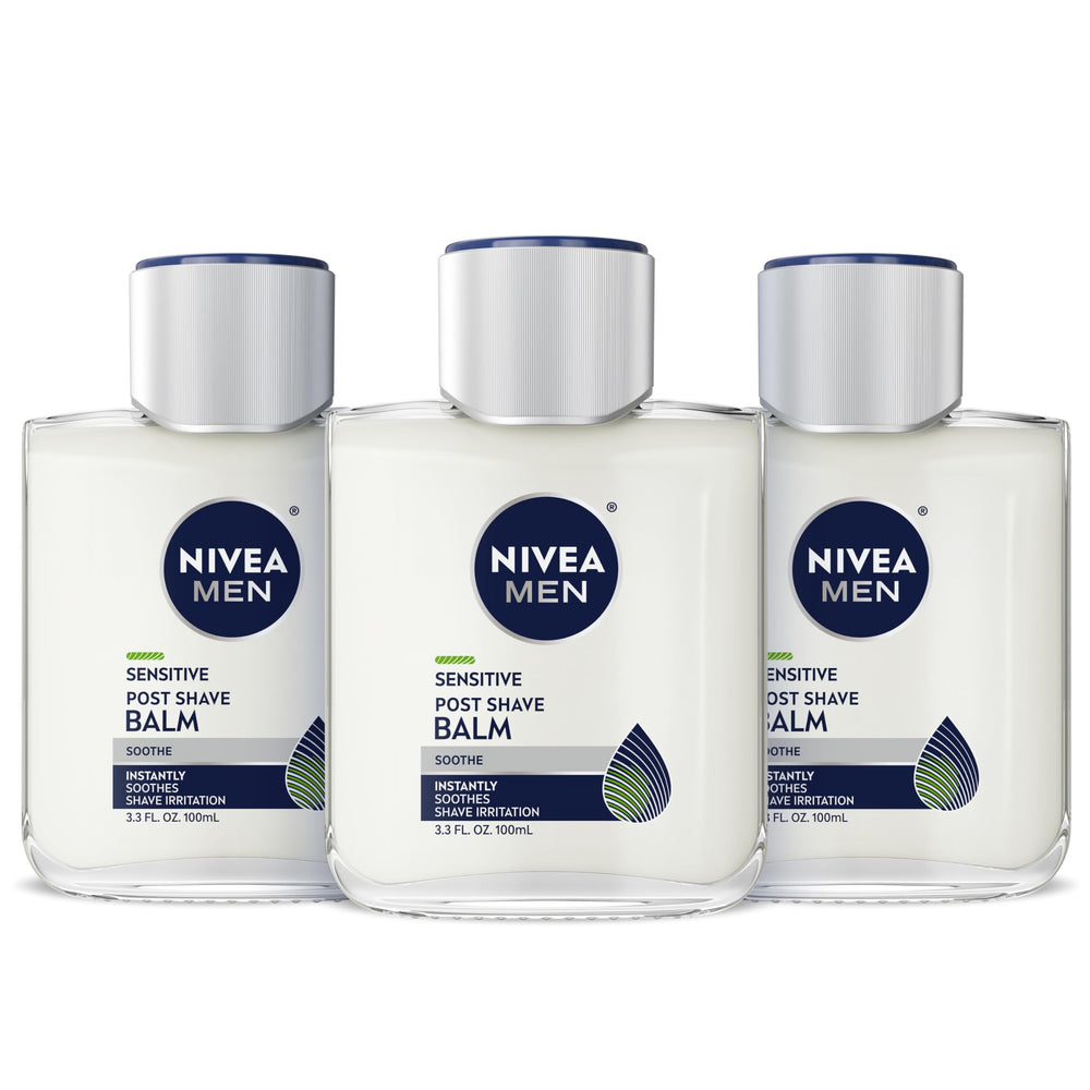 NIVEA MEN Sensitive Post Shave Balm bottle front view showing a soothing, alcohol-free formula.