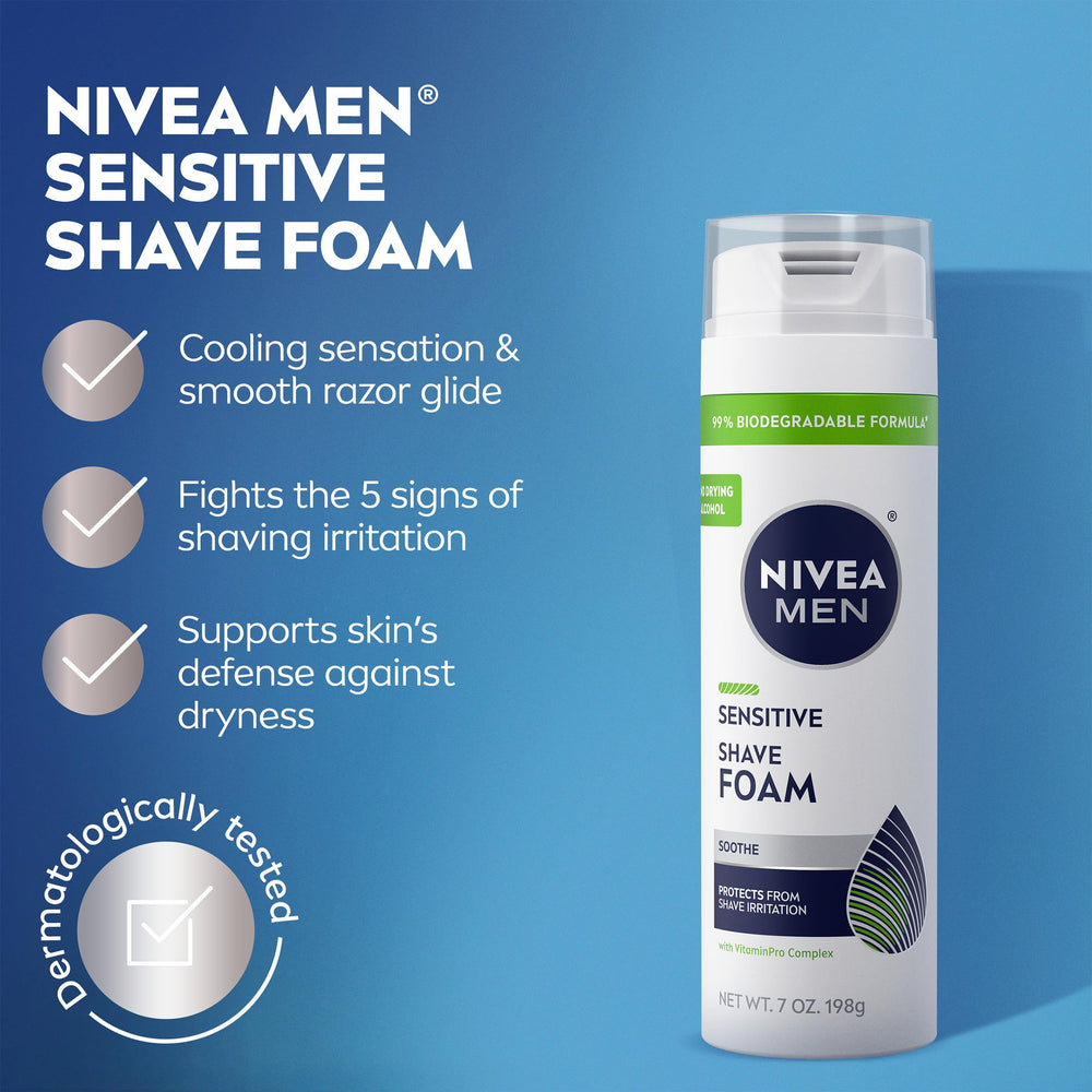 NIVEA MEN Sensitive Shave Foam close-up shows creamy foam for smooth shaving.