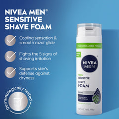NIVEA MEN Sensitive Shave Foam close-up shows creamy foam for smooth shaving.