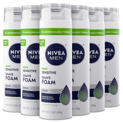 NIVEA MEN Sensitive Shave Foam bottle poured to form a rich lather for sensitive skin.