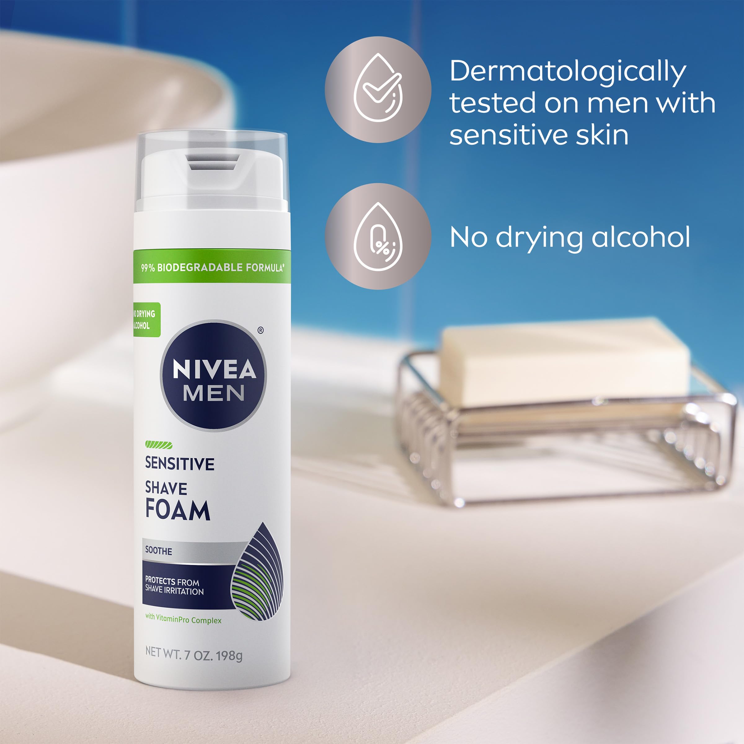 NIVEA MEN Sensitive Shave Foam improves razor glide and reduces tug.