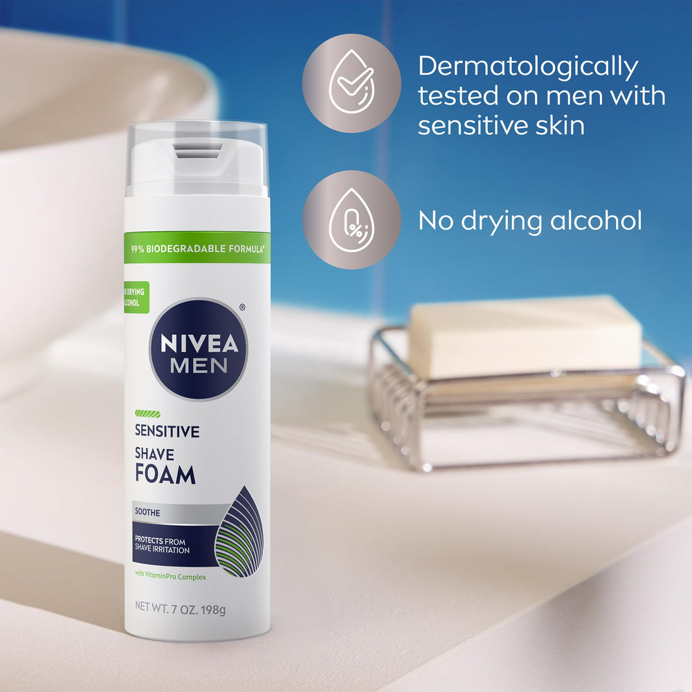 NIVEA MEN Sensitive Shave Foam improves razor glide and reduces tug.