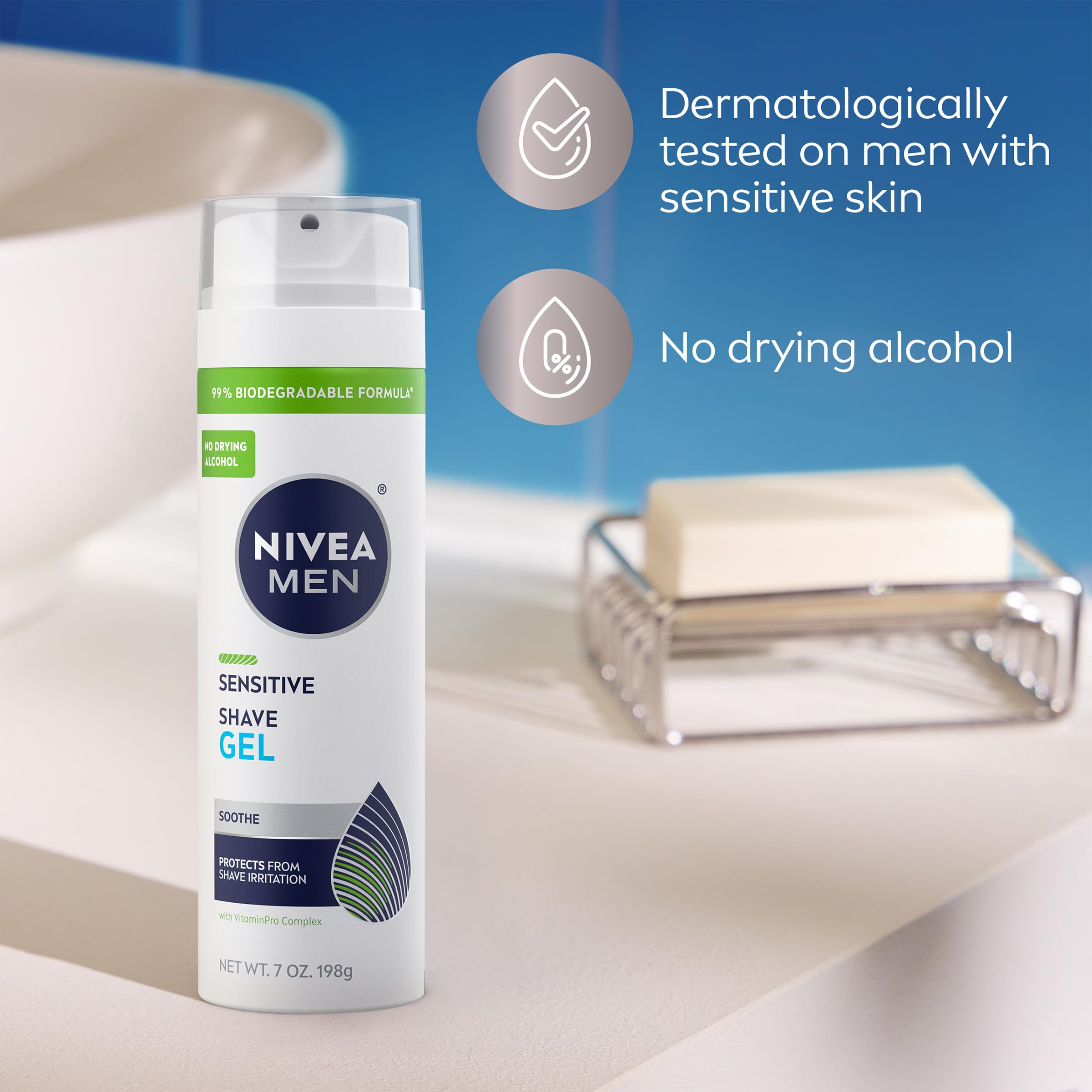 NIVEA MEN Sensitive Shave Gel dermatologically tested badge on can