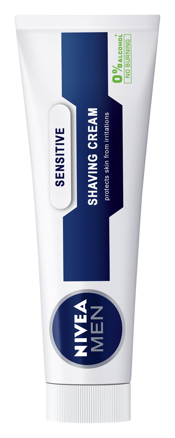 NIVEA MEN Sensitive Shaving Cream being applied, soothing with chamomile and witch hazel.