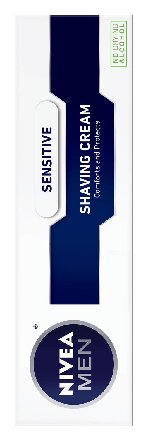 NIVEA MEN Sensitive Shaving Cream tube packaging highlights no drying alcohols.