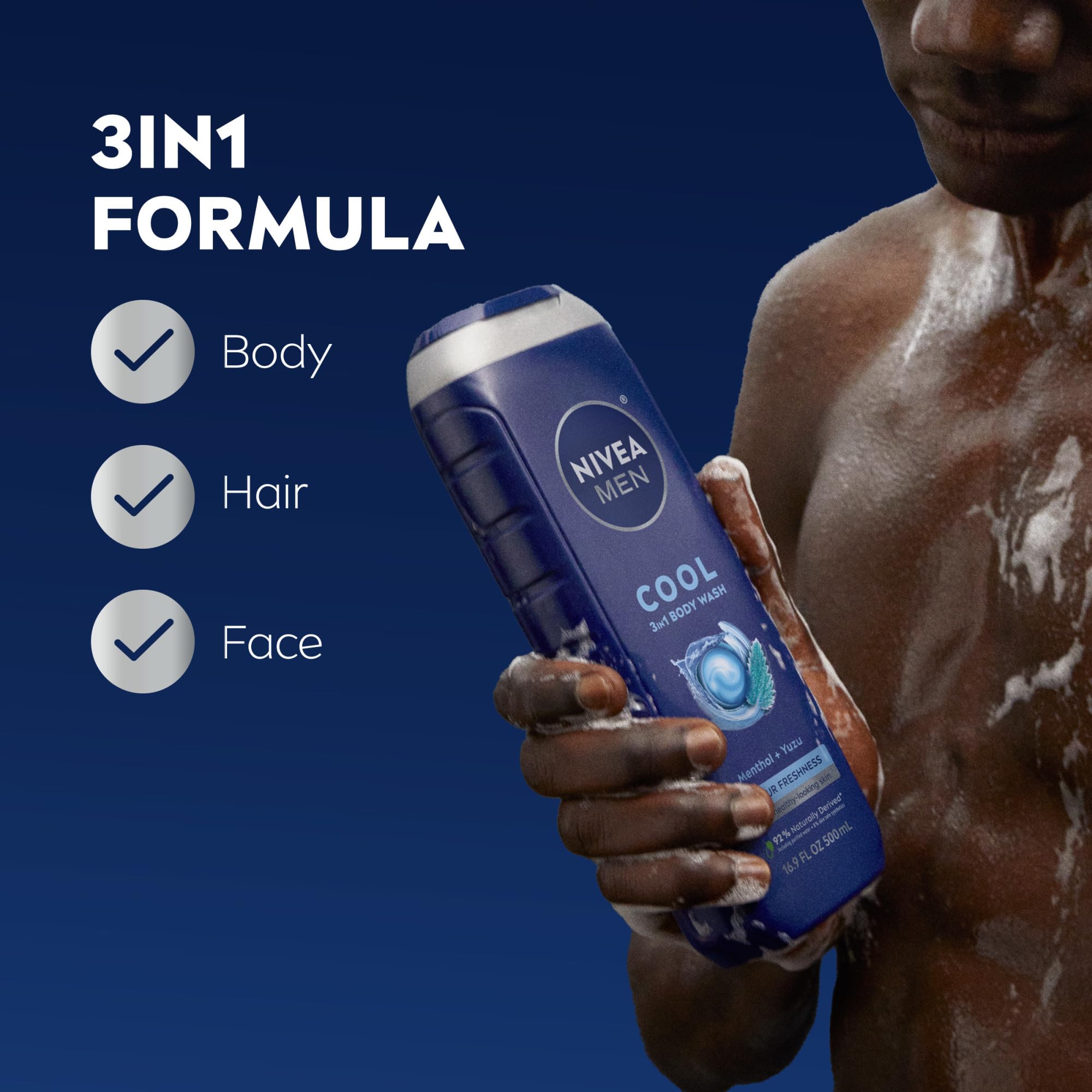 NIVEA MEN uso 3 en 1: rostro, cuerpo y cabello en una sola aplicación.